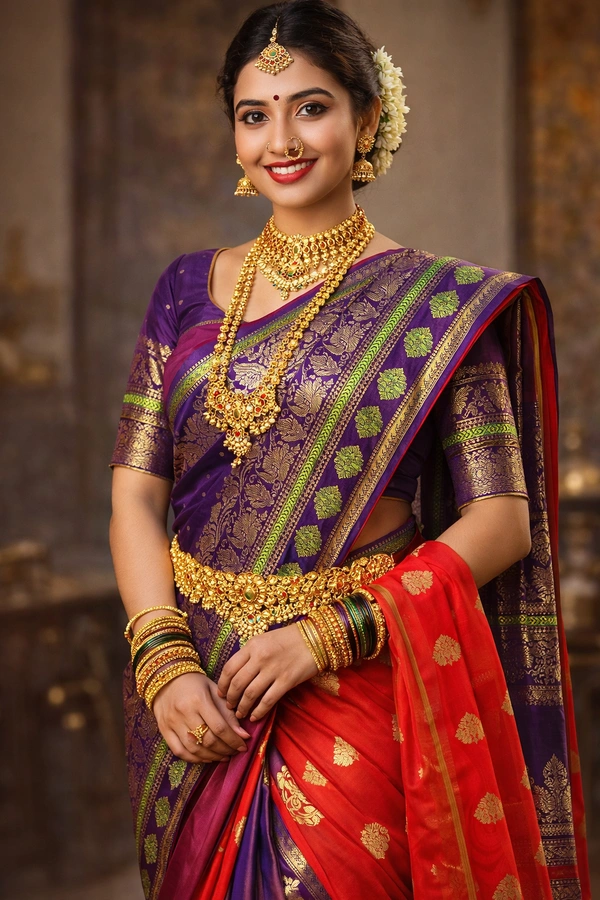 ClyPa Authentic Traditional Maharashtrian Nauvari Saree for Women – Silk Blend with Zari Border