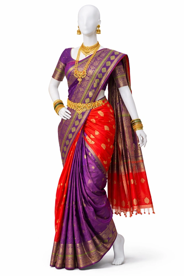 ClyPa Authentic Traditional Maharashtrian Nauvari Saree for Women – Silk Blend with Zari Border