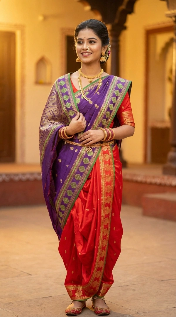 ClyPa Authentic Traditional Maharashtrian Nauvari Saree for Women – Silk Blend with Zari Border