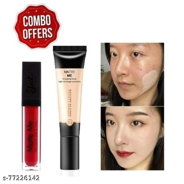 ads pro matte me smooth liquid ( bright red ) lipstick pack of 1+ beauty glazed high coverage +poreless matte me foundation pack of 1