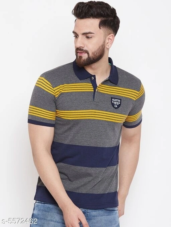 Austin Wood Men's Grey Striped Polo Neck T-shirt - XXL