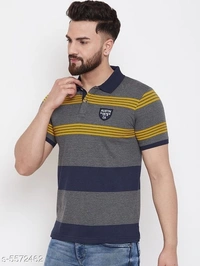 Austin Wood Men's Grey Striped Polo Neck T-shirt - XXL