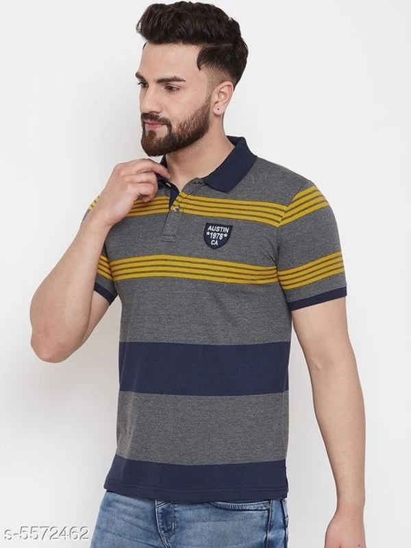 Austin Wood Men's Grey Striped Polo Neck T-shirt - XXL