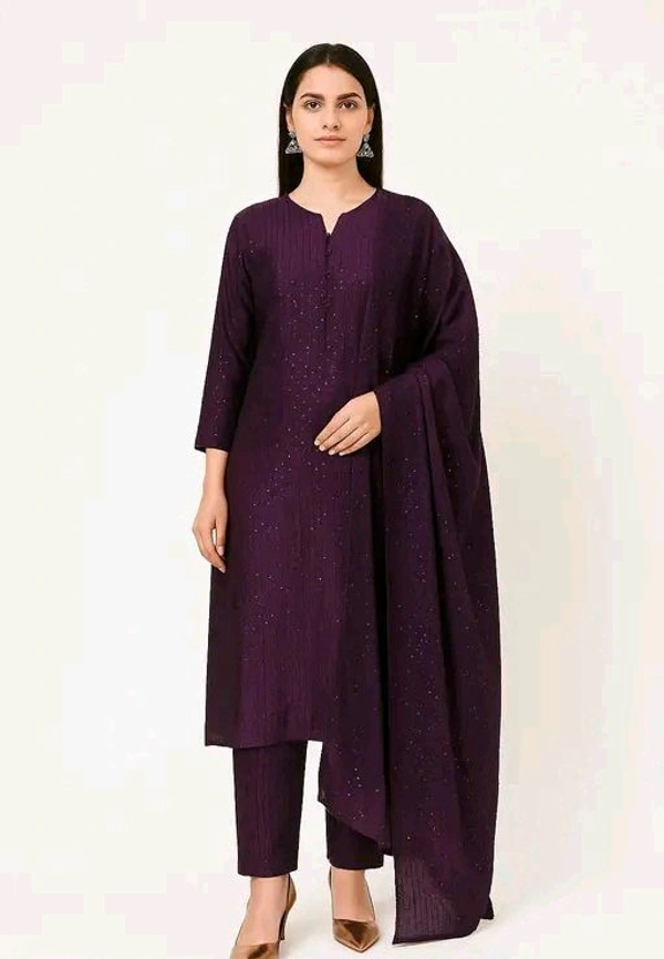 Women's Purple Stripe Embellished Chanderi Cotton Suits - Purple, Un Stitched