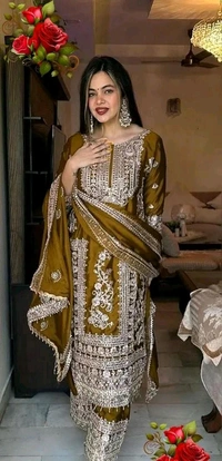 Embroidered Heavy Chinon Silk Kurti With Embroidered Palazzo - XXXL