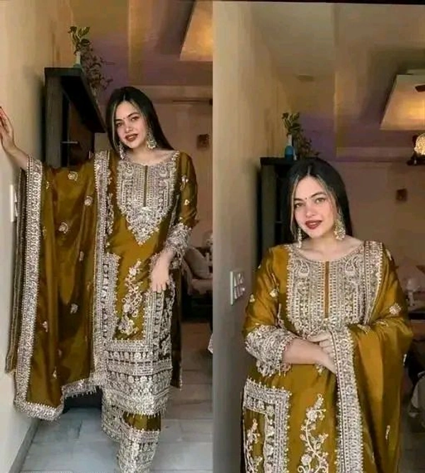 Embroidered Heavy Chinon Silk Kurti With Embroidered Palazzo - XS