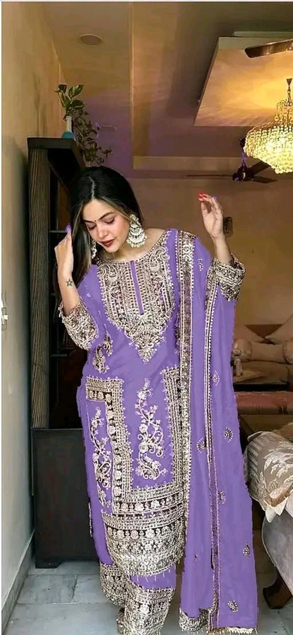 Embroidered Heavy Chinon Silk Kurti With Embroidered Palazzo - XS