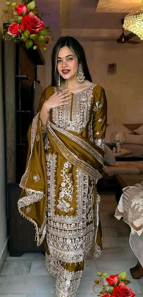 Embroidered Heavy Chinon Silk Kurti With Embroidered Palazzo - XXL