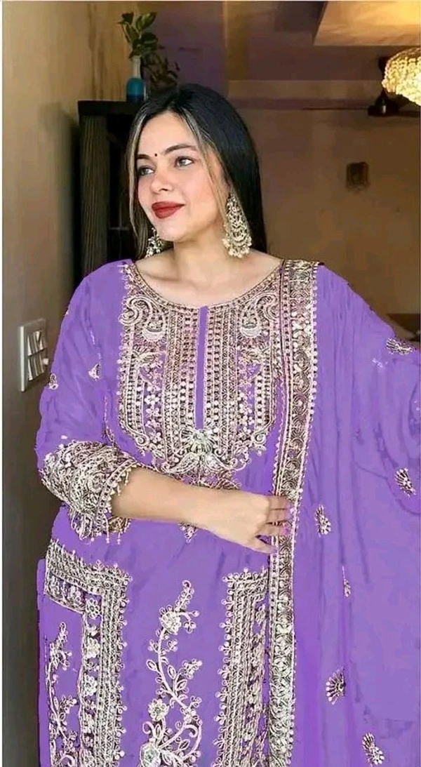 Embroidered Heavy Chinon Silk Kurti With Embroidered Palazzo - XXL