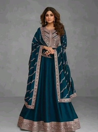 Embroidered Zari Wedding Gown And Dupatta Set - Blue, L
