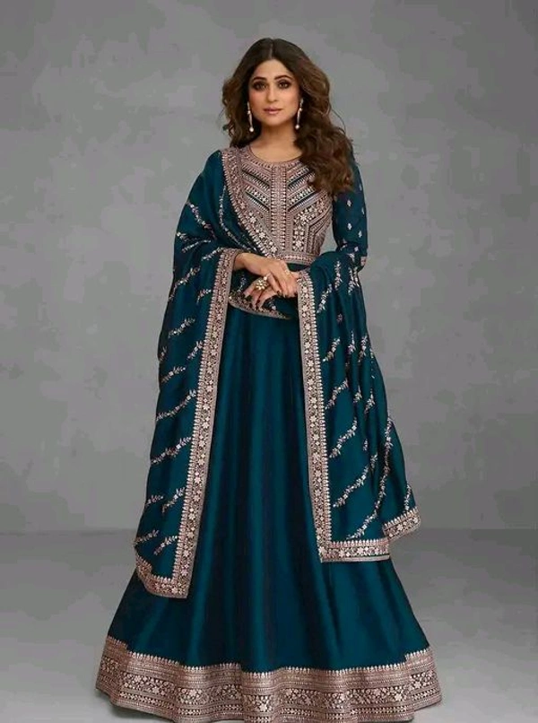 Embroidered Zari Wedding Gown And Dupatta Set - Blue, L
