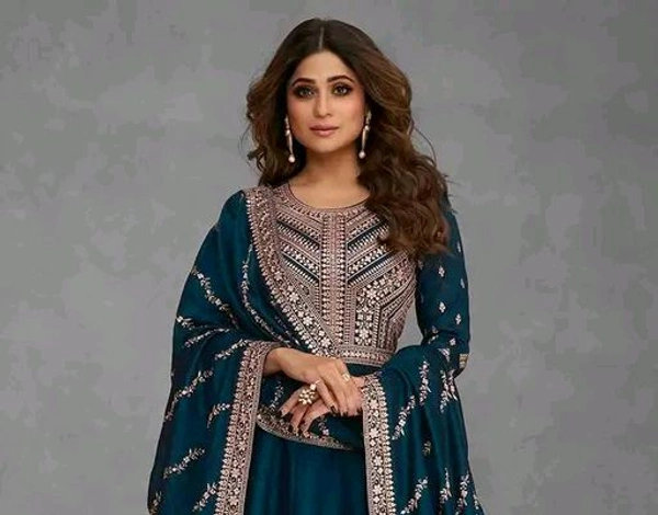 Embroidered Zari Wedding Gown And Dupatta Set - Blue, XXL
