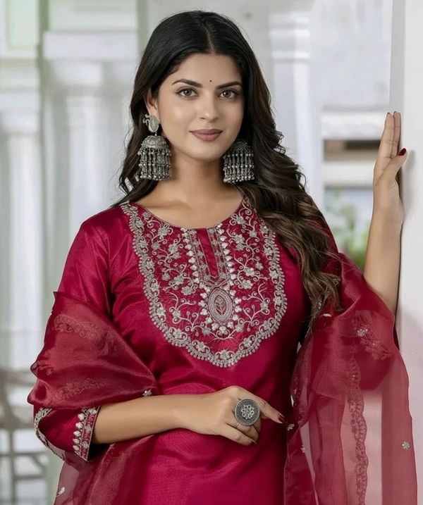Embroidered Kurta With Dupatta And Pent Set - Maroon, XXL