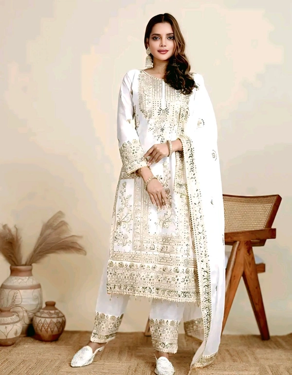 Chinon Silk Kurti With Embroidered Palazzo And Dupatta Set - White, S