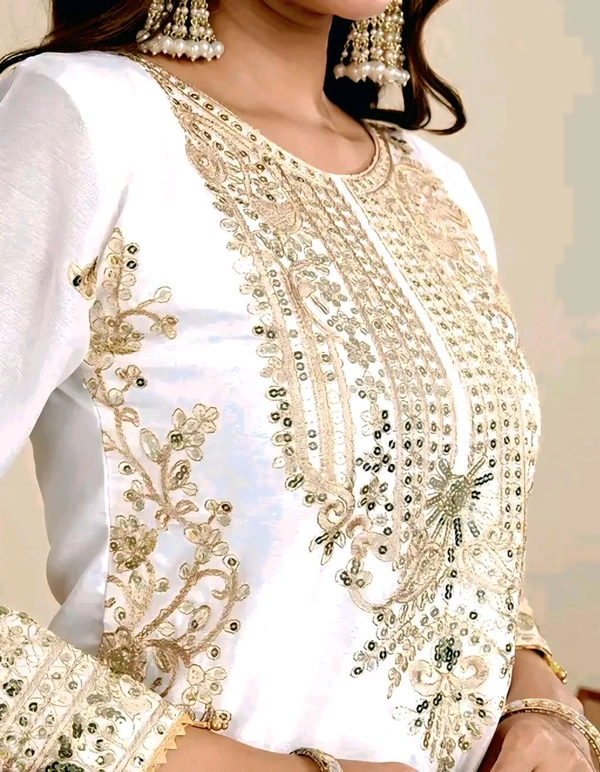 Chinon Silk Kurti With Embroidered Palazzo And Dupatta Set - White, S