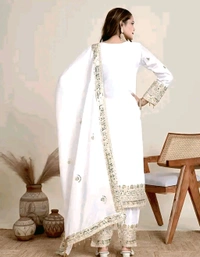 Chinon Silk Kurti With Embroidered Palazzo And Dupatta Set - White, S