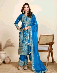 Chinon Silk Kurti With Embroidered Palazzo And Dupatta Set - White, S