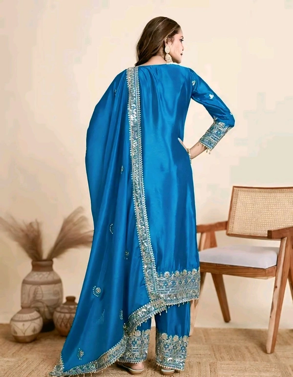 Chinon Silk Kurti With Embroidered Palazzo And Dupatta Set - White, S