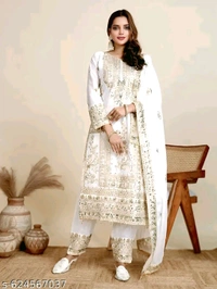 Chinon Silk Kurti With Embroidered Palazzo And Dupatta Set - White, M
