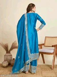 Chinon Silk Kurti With Embroidered Palazzo And Dupatta Set - Blue, M