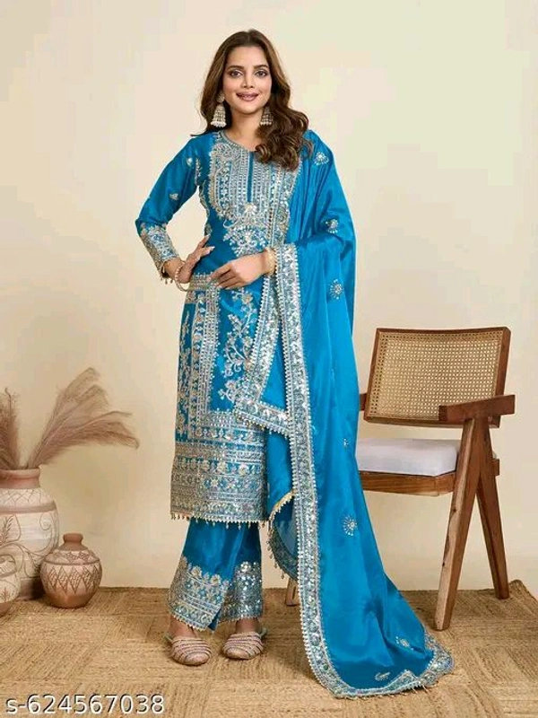Chinon Silk Kurti With Embroidered Palazzo And Dupatta Set - Blue, L
