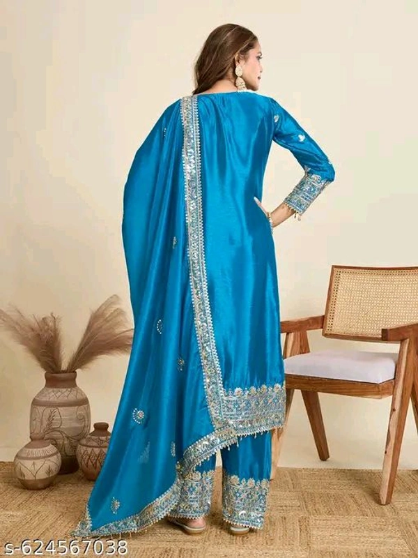 Chinon Silk Kurti With Embroidered Palazzo And Dupatta Set - Blue, L