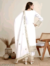 Chinon Silk Kurti With Embroidered Palazzo And Dupatta Set - White, XXL