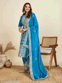 Chinon Silk Kurti With Embroidered Palazzo And Dupatta Set - White, XXL