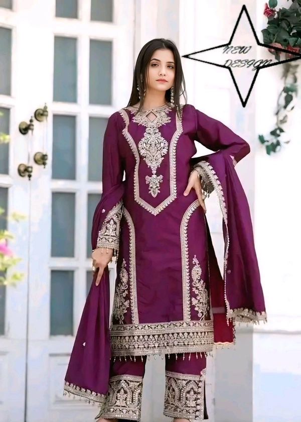 Chinon Embroidered Kurti With Salwar And Dupatta Set - Purple, S