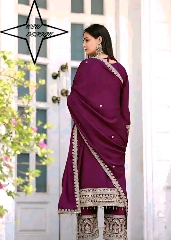 Chinon Embroidered Kurti With Salwar And Dupatta Set - Purple, S