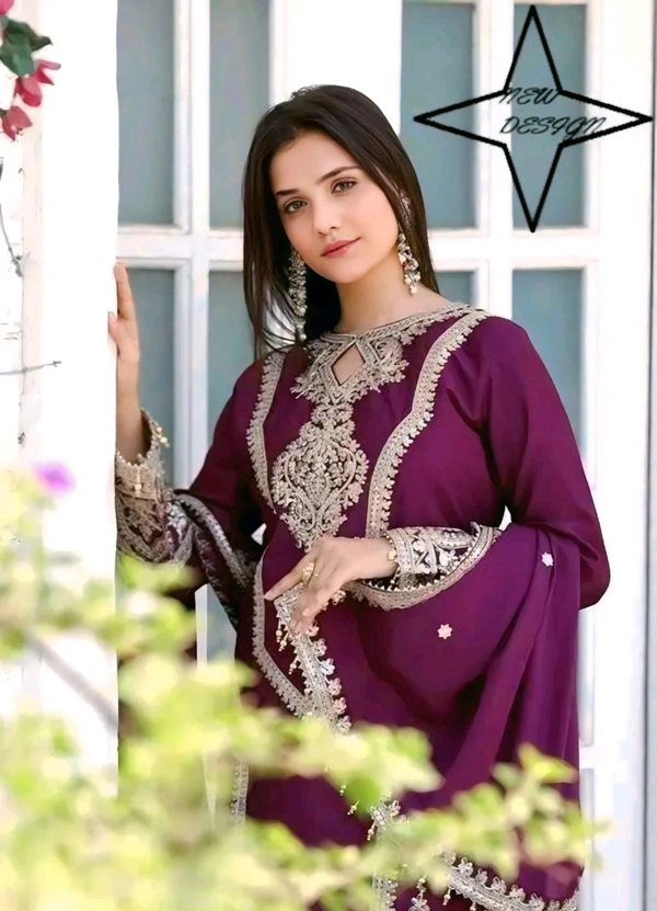 Chinon Embroidered Kurti With Salwar And Dupatta Set - Purple, L