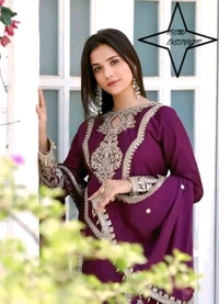 Chinon Embroidered Kurti With Salwar And Dupatta Set - Purple, XL