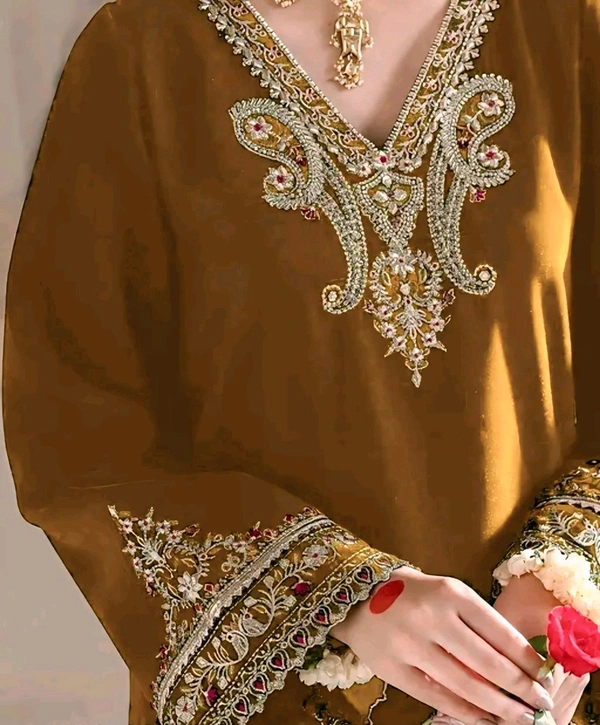 Embroidered kurta With Bottom And Dupatta Set - mustard, XXL
