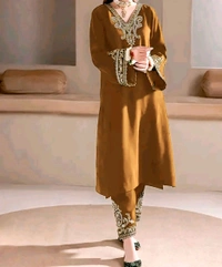 Embroidered kurta With Bottom And Dupatta Set - mustard, XXL