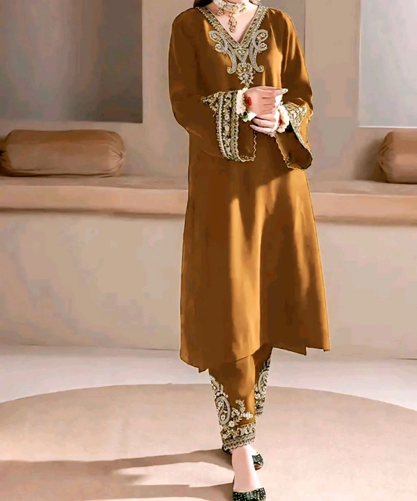 Embroidered kurta With Bottom And Dupatta Set - mustard, XXL