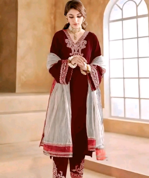 Embroidered kurta With Bottom And Dupatta Set - mustard, XXL