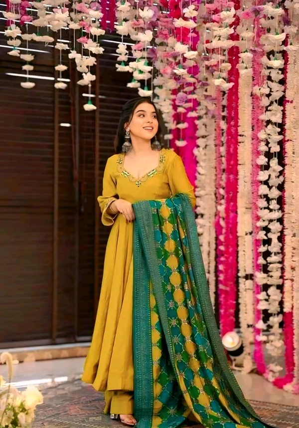 Stylish Embroidered Kurti With Dupatta And Pant Set - Yellow, S