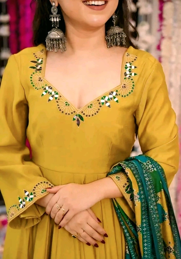 Stylish Embroidered Kurti With Dupatta And Pant Set - Yellow, L