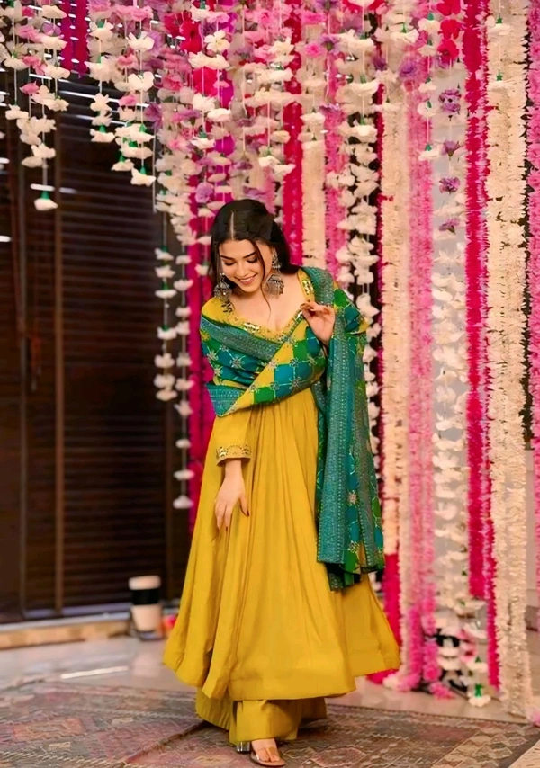 Stylish Embroidered Kurti With Dupatta And Pant Set - Yellow, XXL