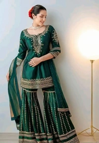 Sharara Kurti With Dupatta And Bottomwear - Pine Green, L