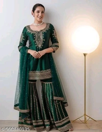Sharara Kurti With Dupatta And Bottomwear - Pine Green, L