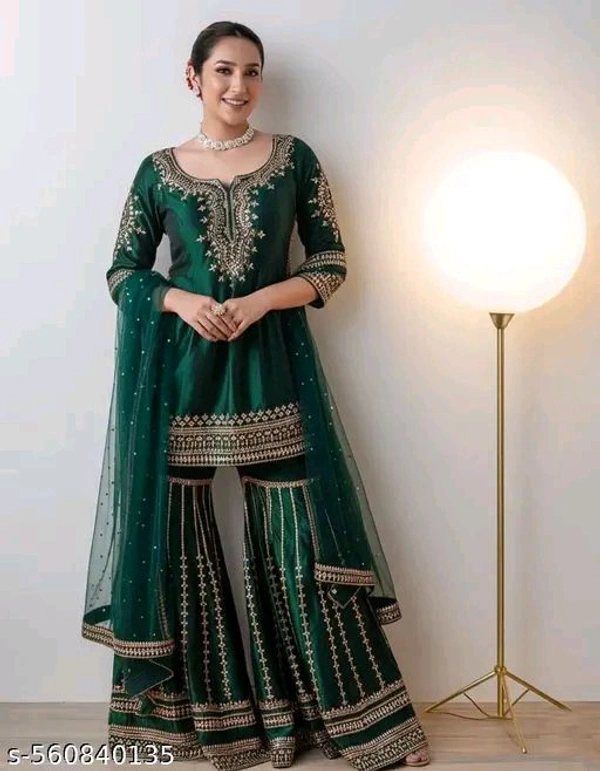 Sharara Kurti With Dupatta And Bottomwear - Pine Green, L