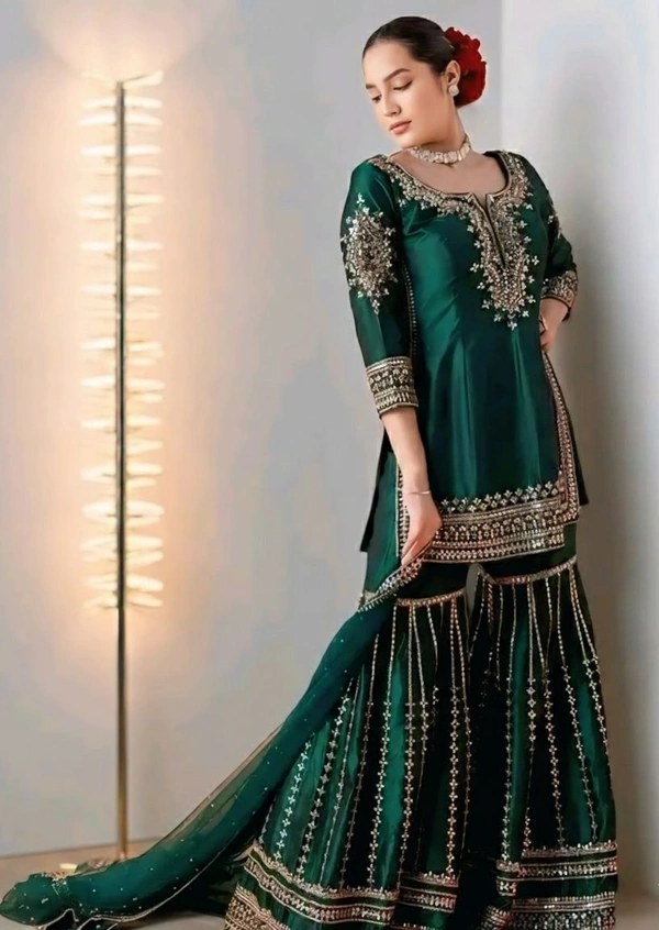 Sharara Kurti With Dupatta And Bottomwear - Pine Green, XL