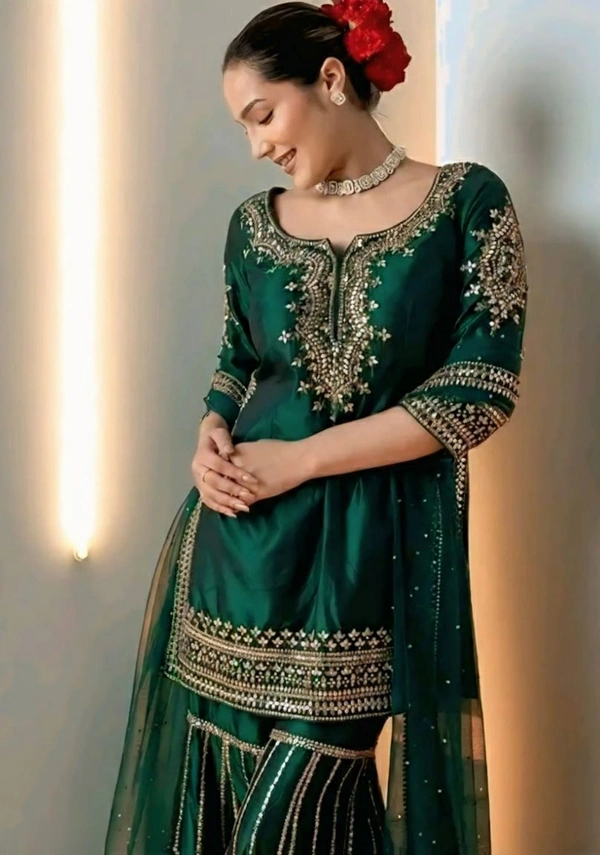 Sharara Kurti With Dupatta And Bottomwear - Pine Green, XL