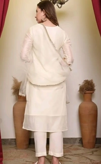 Chandheri Silk Embroidered Kurti With Dupatta Set - Cream, XL