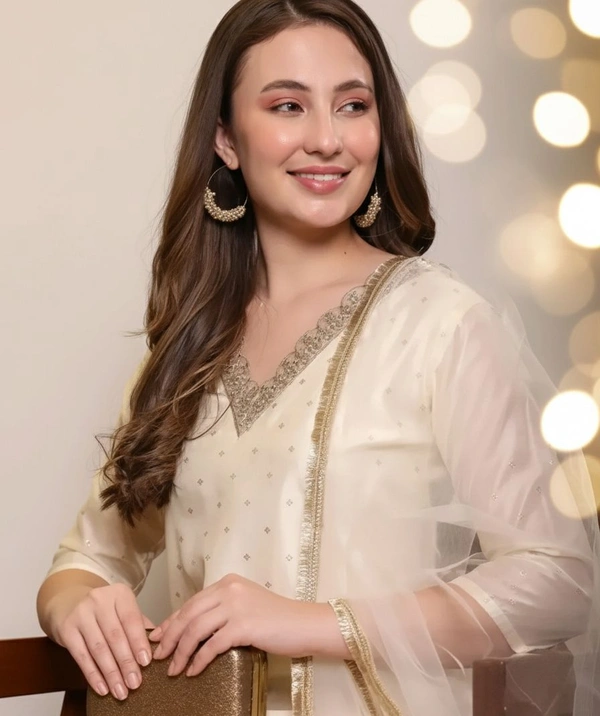 Chandheri Silk Embroidered Kurti With Dupatta Set - Cream, XXL