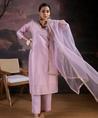 Chandheri Silk Embroidered Kurti With Dupatta Set - Cream, XXL