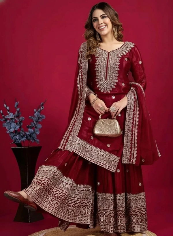 KRISHA FASHION Presenting Heavy Embroidery Work Top-Plazo - L, Maroon