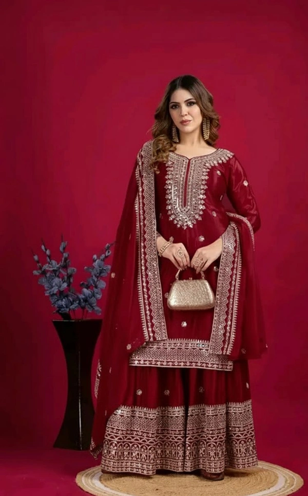 KRISHA FASHION Presenting Heavy Embroidery Work Top-Plazo - L, Maroon