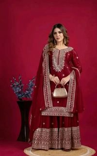 KRISHA FASHION Presenting Heavy Embroidery Work Top-Plazo - XL, Maroon